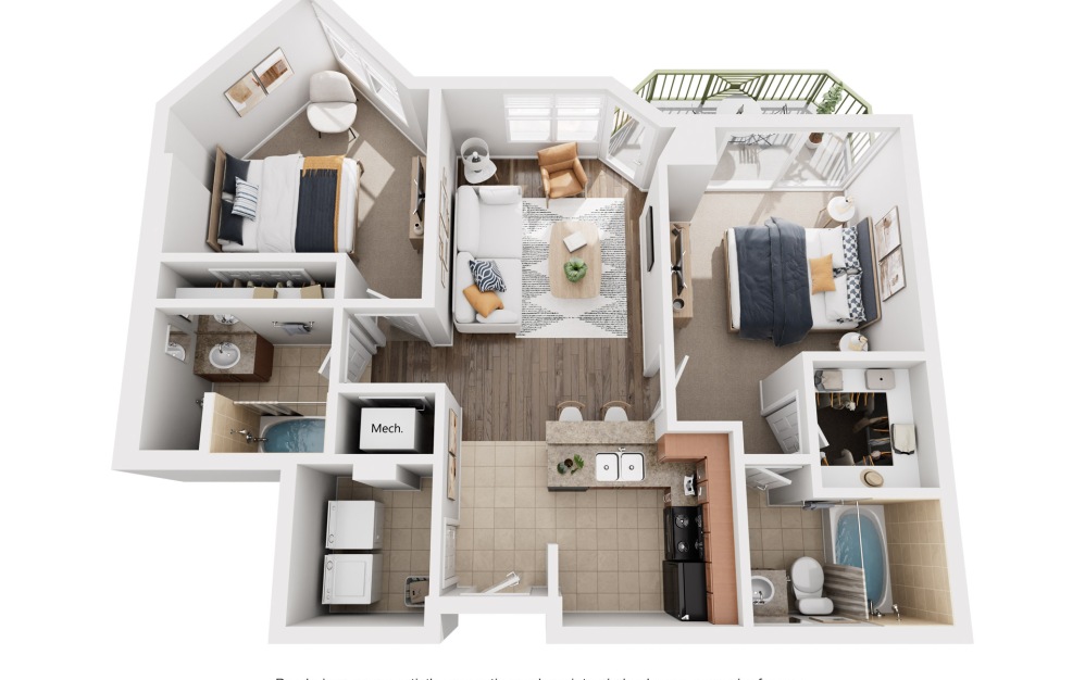 The Abbington - 2 bedroom floorplan layout with 2 bathrooms and 1295 square feet