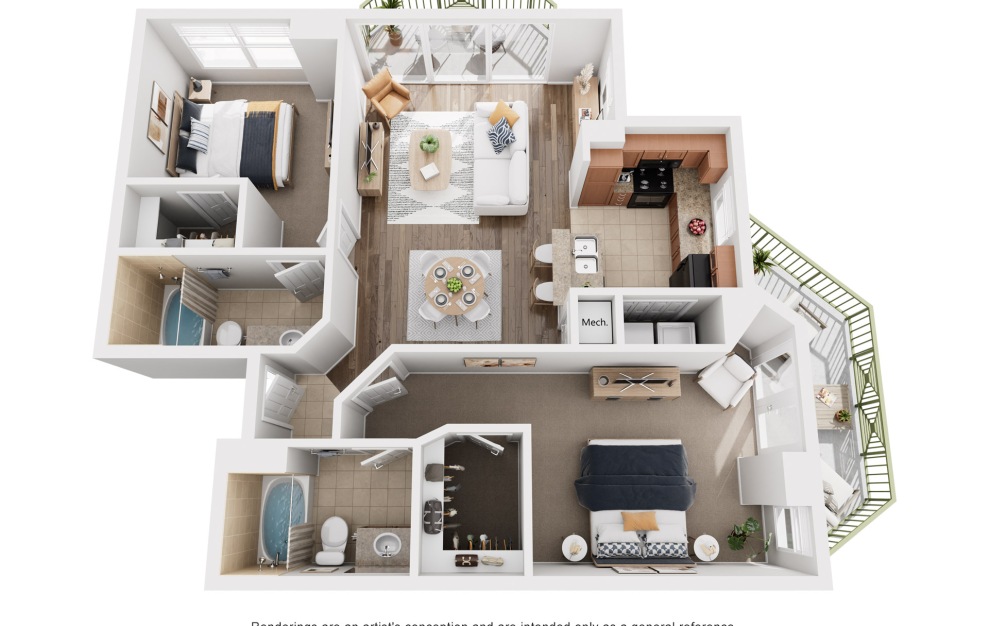 The Aventine - 2 bedroom floorplan layout with 2 baths and 1271 square feet.