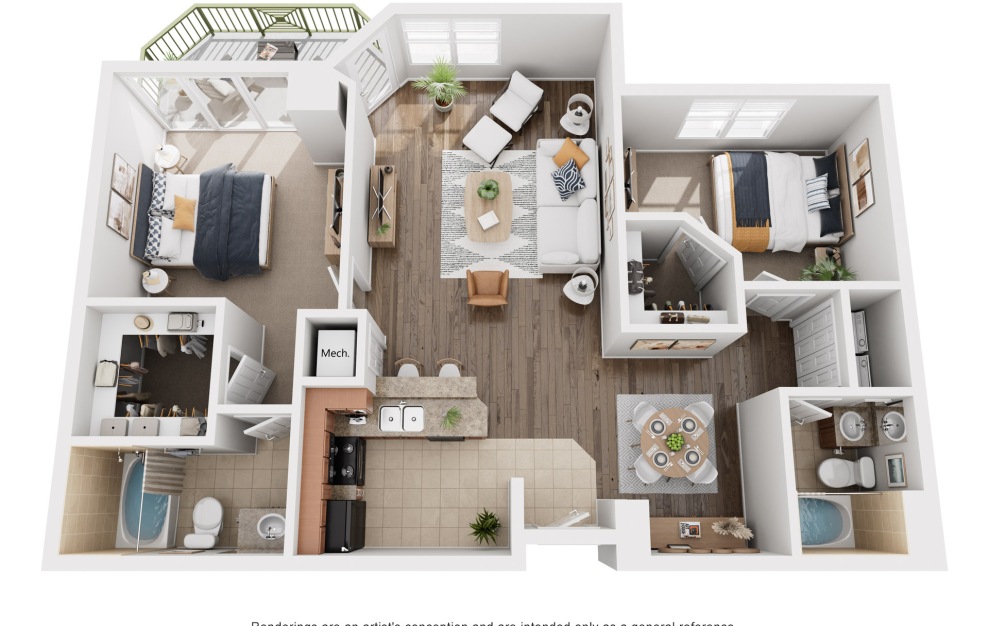 The Bermuda - 2 bedroom floorplan layout with 2 baths and 1295 square feet.