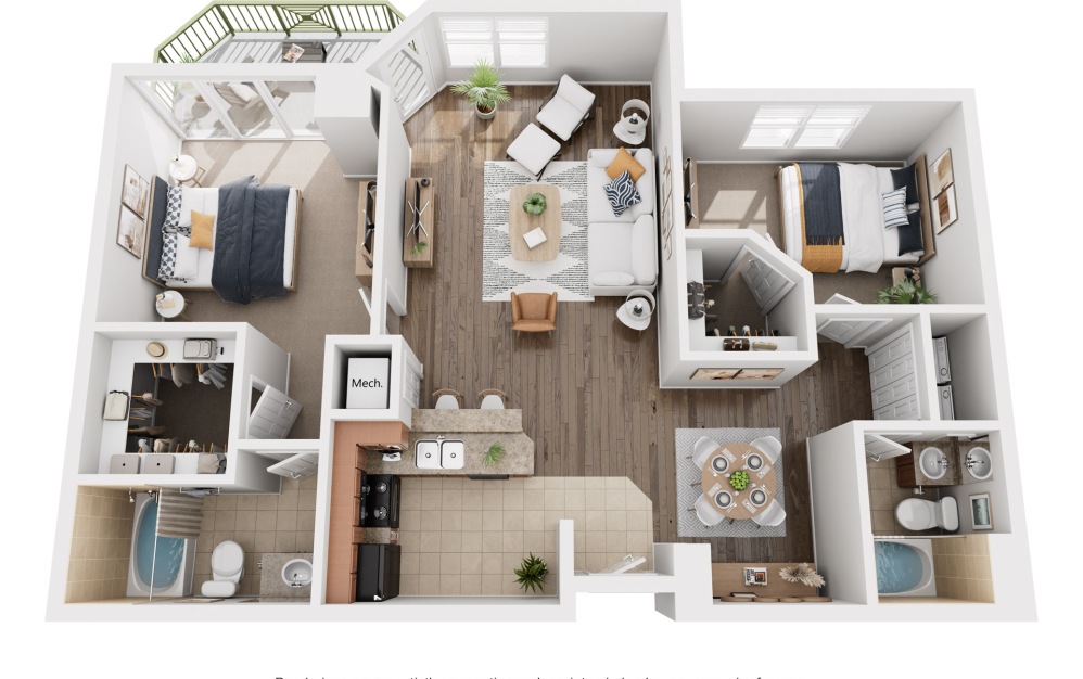 The Bermuda - 2 bedroom floorplan layout with 2 bathrooms and 1295 square feet