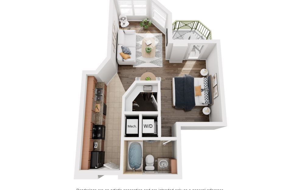 The Enclave - Studio floorplan layout with 1 bath and 651 square feet.