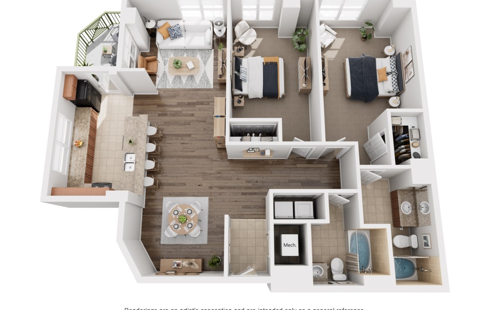 The Mariner - 2 bedroom floorplan layout with 2 baths and 1228 square feet.