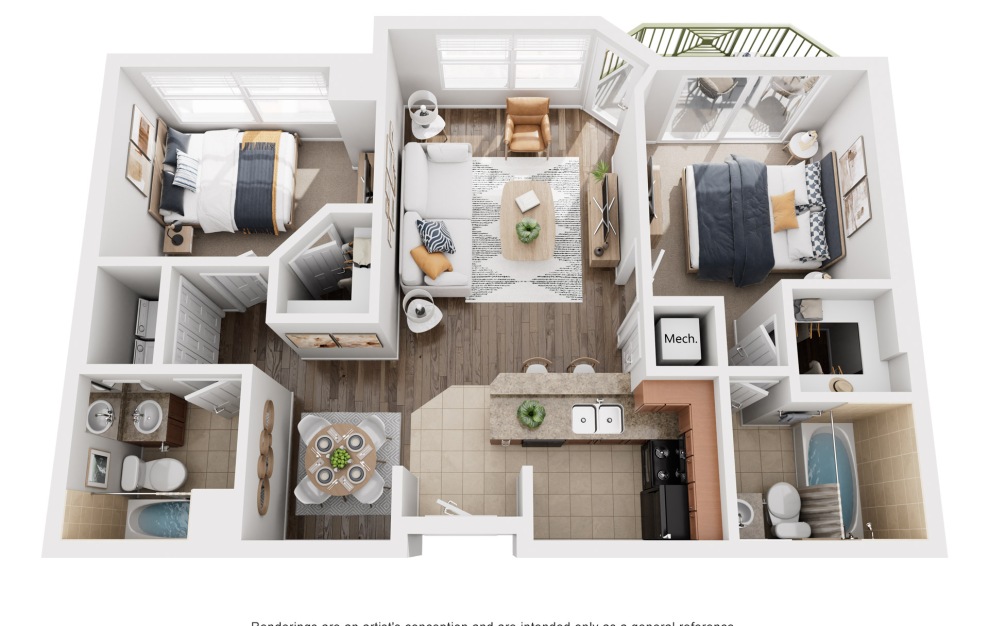 The Mayport - 2 bedroom floorplan layout with 2 baths and 1295 square feet.