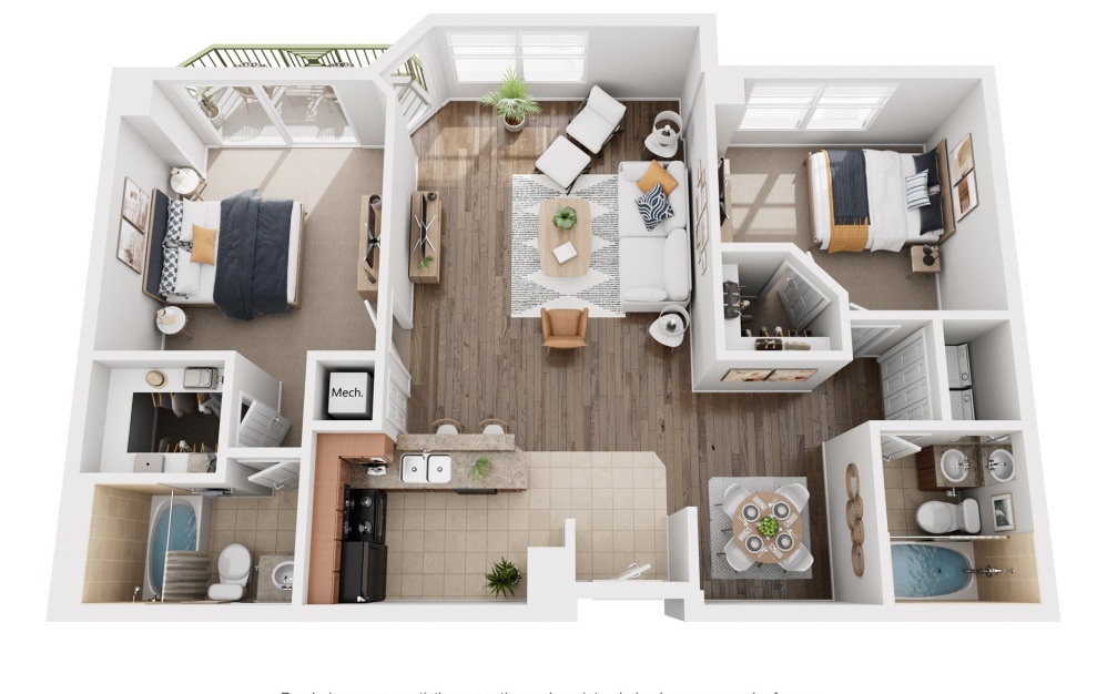 The Nassau - 2 bedroom floorplan layout with 2 bathrooms and 1295 square feet