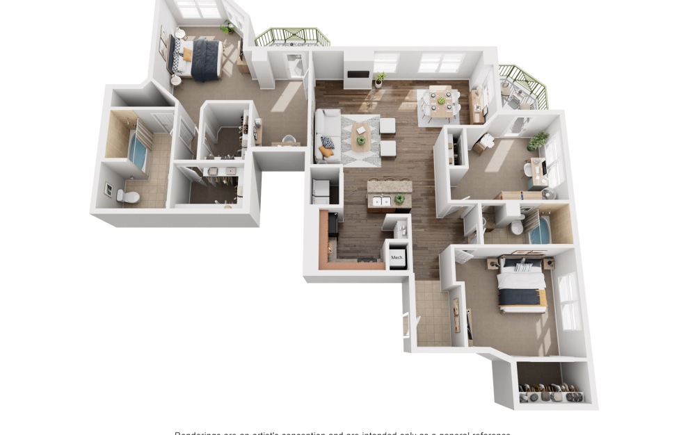 The Penthouse - 3 bedroom floorplan layout with 2 baths and 1812 square feet.