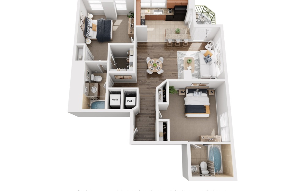 The Portofino - 2 bedroom floorplan layout with 2 bathrooms and 1183 square feet