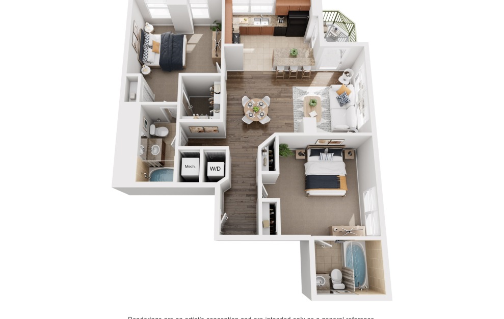 The Portofino - 2 bedroom floorplan layout with 2 baths and 1183 square feet.